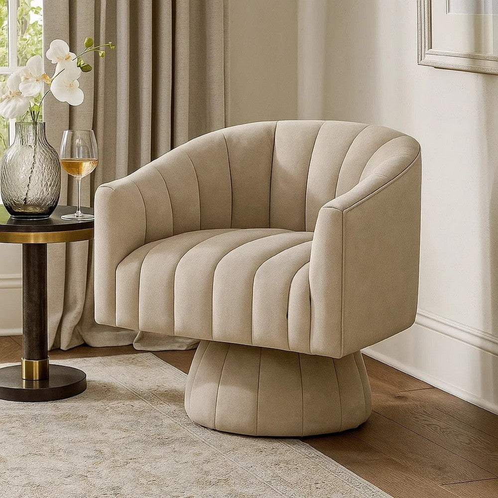 Rex Swivel Accent Chair | Barrel Channel Stitched Velvet | Taupe Brown