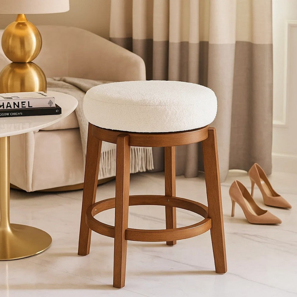 Lex Swivel Counter Stool | 27" Backless| White Boucle | Brown Legs