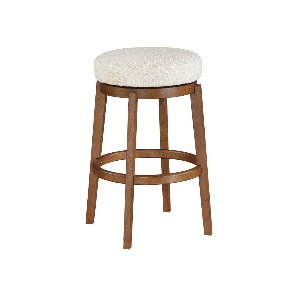 Lex Swivel Bar Height Stool | 31" Backless | White Boucle Seat | Brown Legs