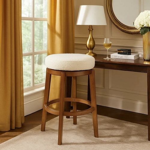 Lex Swivel Bar Height Stool | 31" Backless | White Boucle Seat | Brown Legs