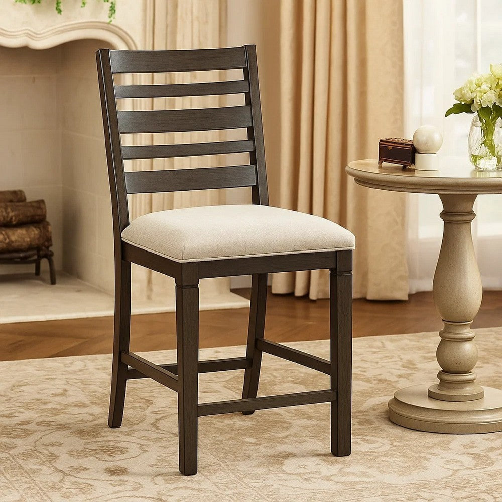 Vicy Counter Height Chair Set of 2 | Beige Fabric Seat | Espresso Brown
