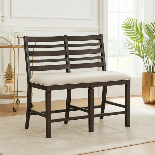 Vicy Counter Height Bench | Beige Fabric Seat | Espresso Brown Base