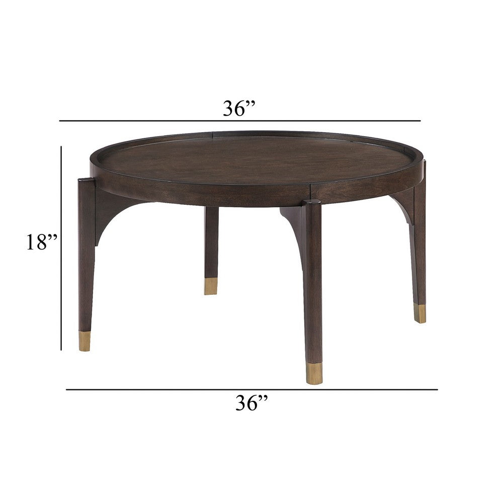 Azy Coffee Table | 36" Round Top | Gold Capped Legs | Dark Brown