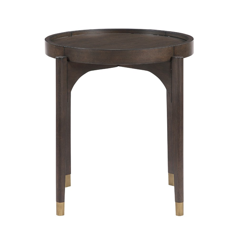 Azy Side End Table | 24" Round Top | Gold Capped Legs | Dark Brown