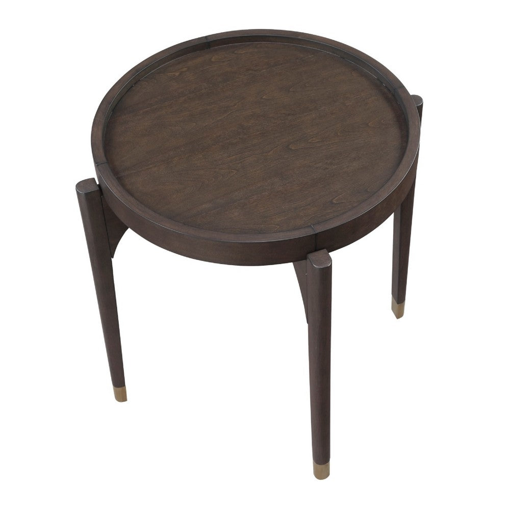 Azy Side End Table | 24" Round Top | Gold Capped Legs | Dark Brown