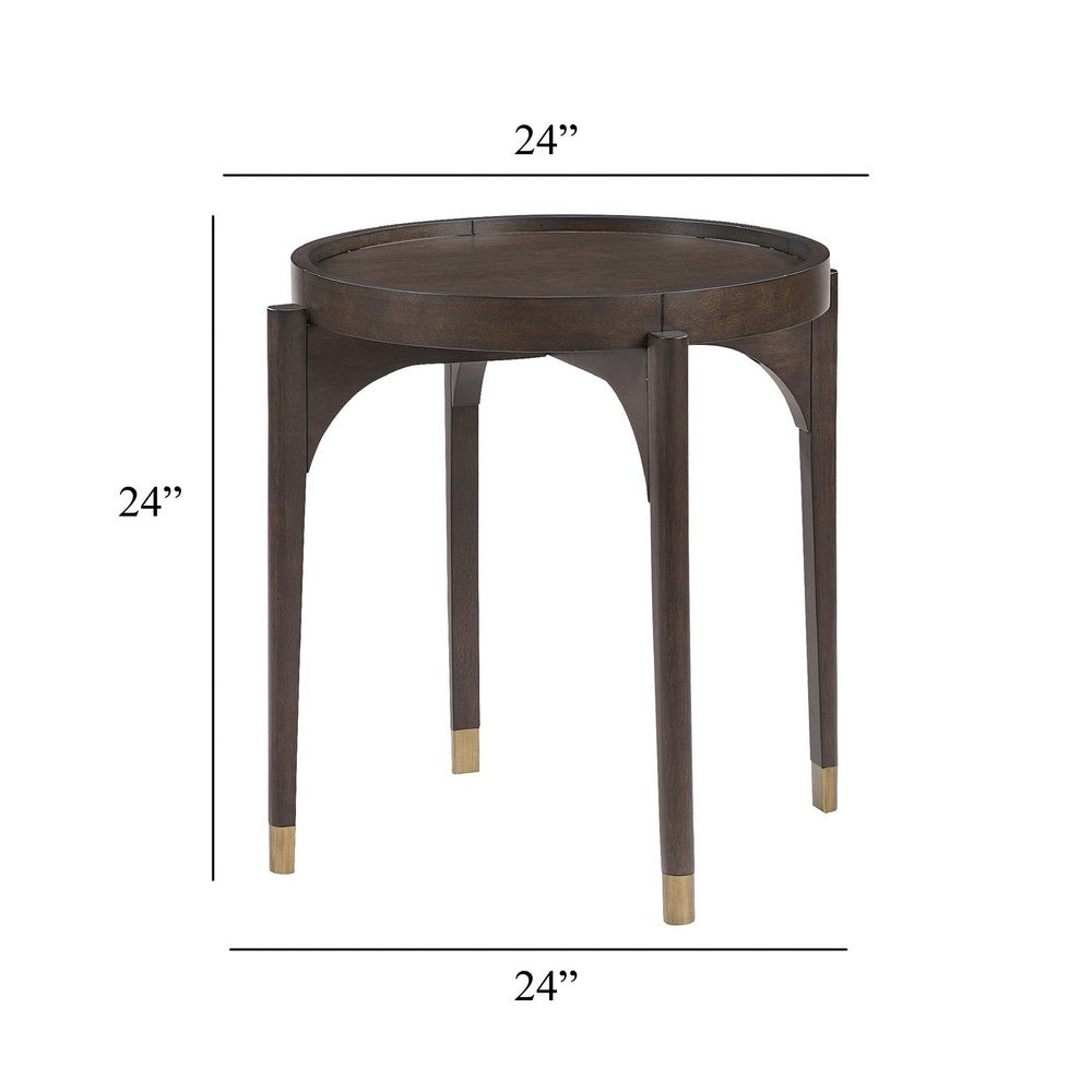 Azy Side End Table | 24" Round Top | Gold Capped Legs | Dark Brown