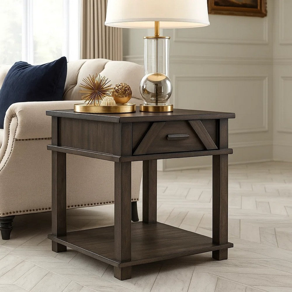 Leky Side End Table | 24" | 1 Drawer with Lower Open Shelf | Brown