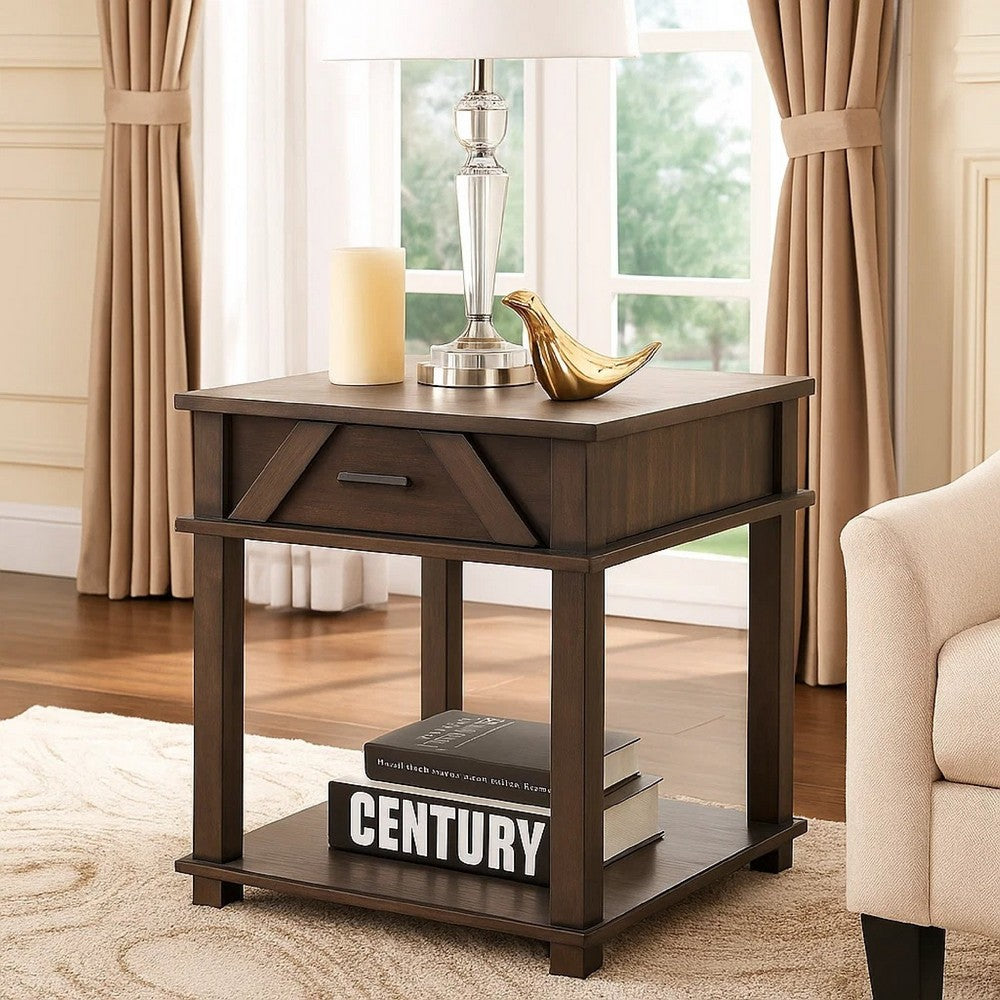 Leky Side End Table | 24" | 1 Drawer with Lower Open Shelf | Brown