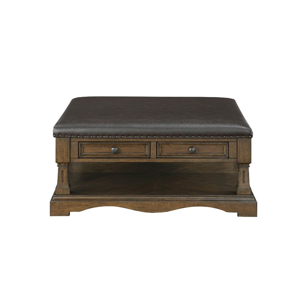Rox Coffee Table | 39" Brown Faux Leather Top | 4 Drawers & Shelf