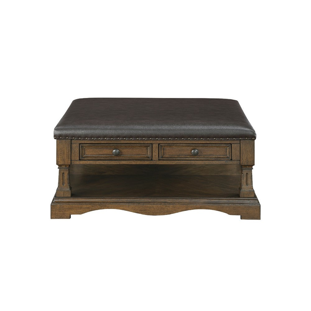 Rox Coffee Table | 39" Brown Faux Leather Top | 4 Drawers & Shelf