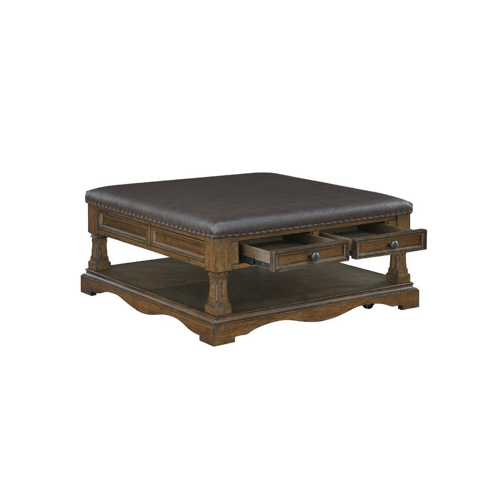 Rox Coffee Table | 39" Brown Faux Leather Top | 4 Drawers & Shelf