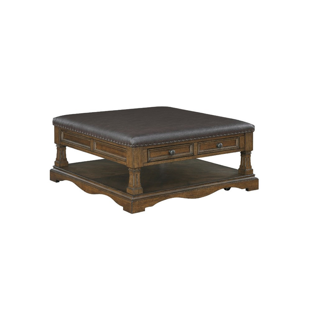 Rox Coffee Table | 39" Brown Faux Leather Top | 4 Drawers & Shelf