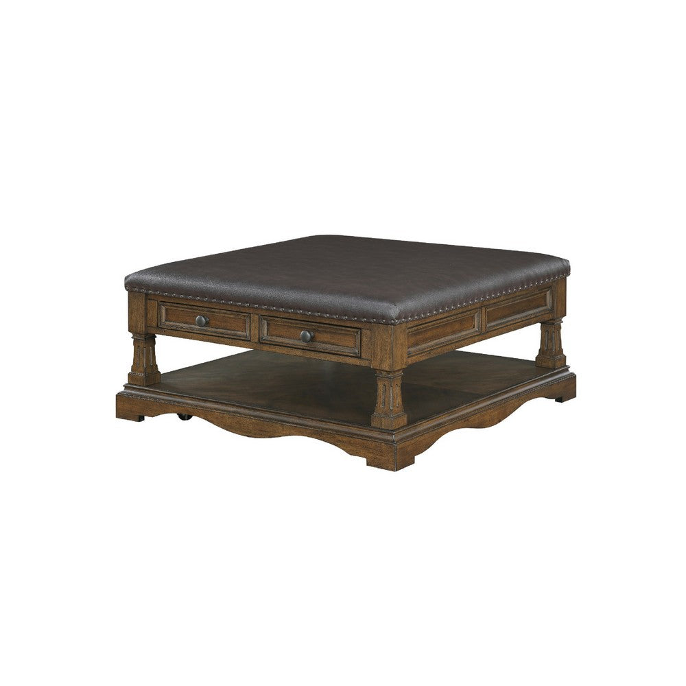 Rox Coffee Table | 39" Brown Faux Leather Top | 4 Drawers & Shelf