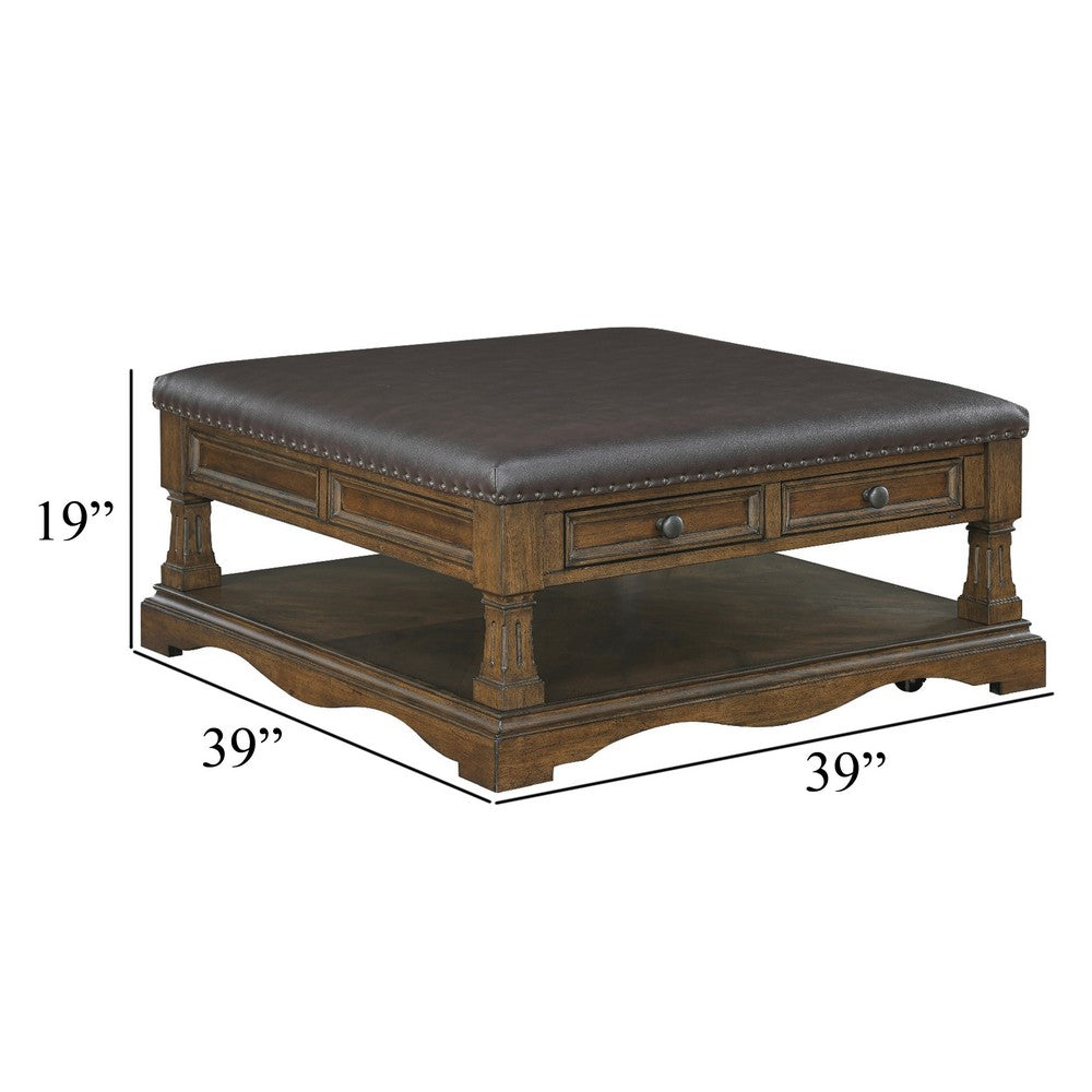 Rox Coffee Table | 39" Brown Faux Leather Top | 4 Drawers & Shelf