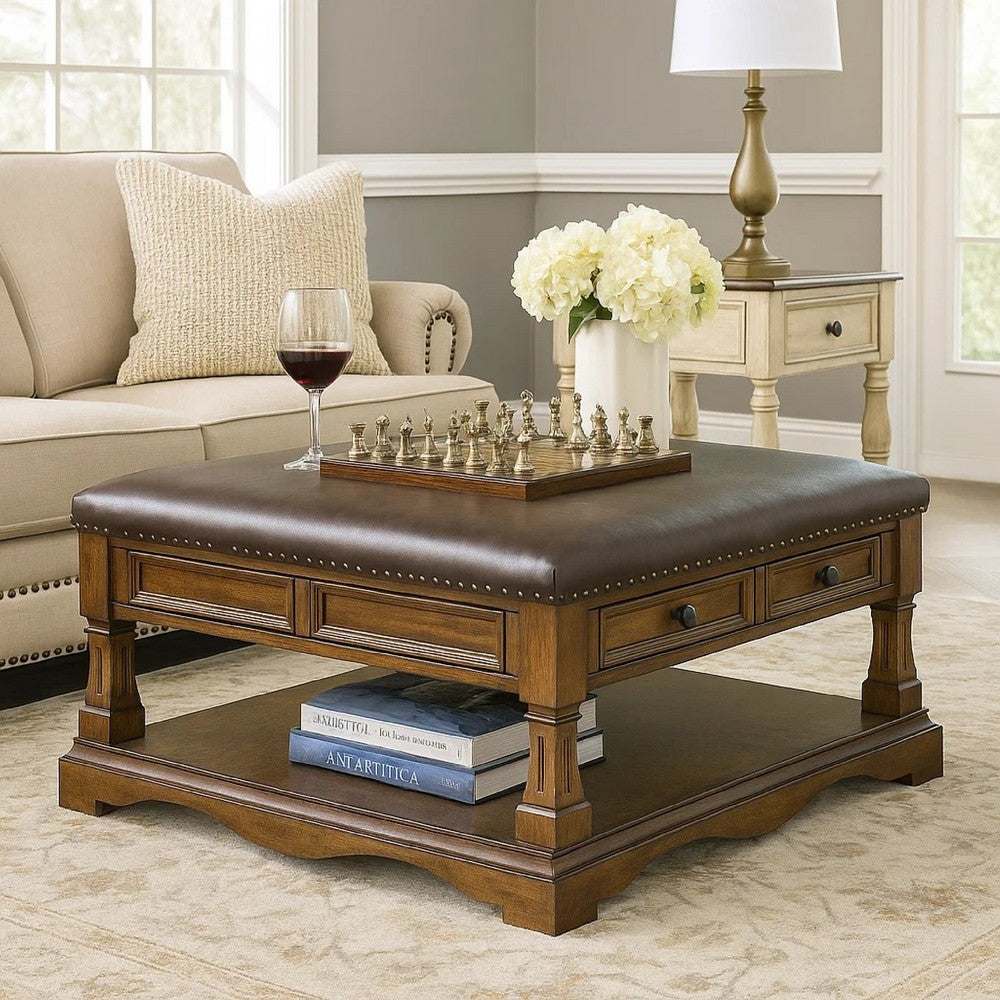 Rox Coffee Table | 39" Brown Faux Leather Top | 4 Drawers & Shelf