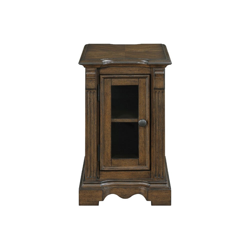 Rox Chairside End Table | 22" | 1 Glass Door w USB A & C Ports | Brown
