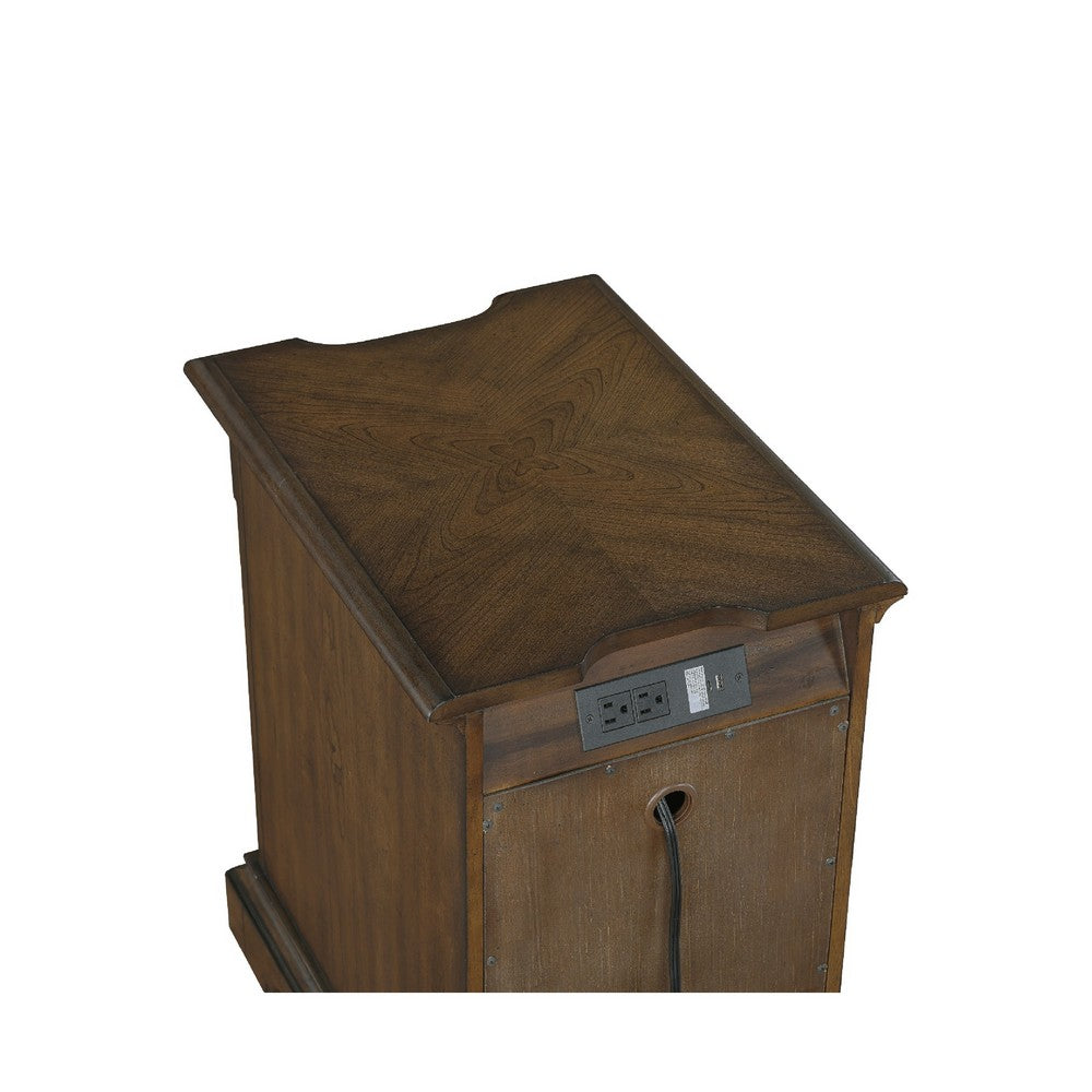 Rox Chairside End Table | 22" | 1 Glass Door w USB A & C Ports | Brown
