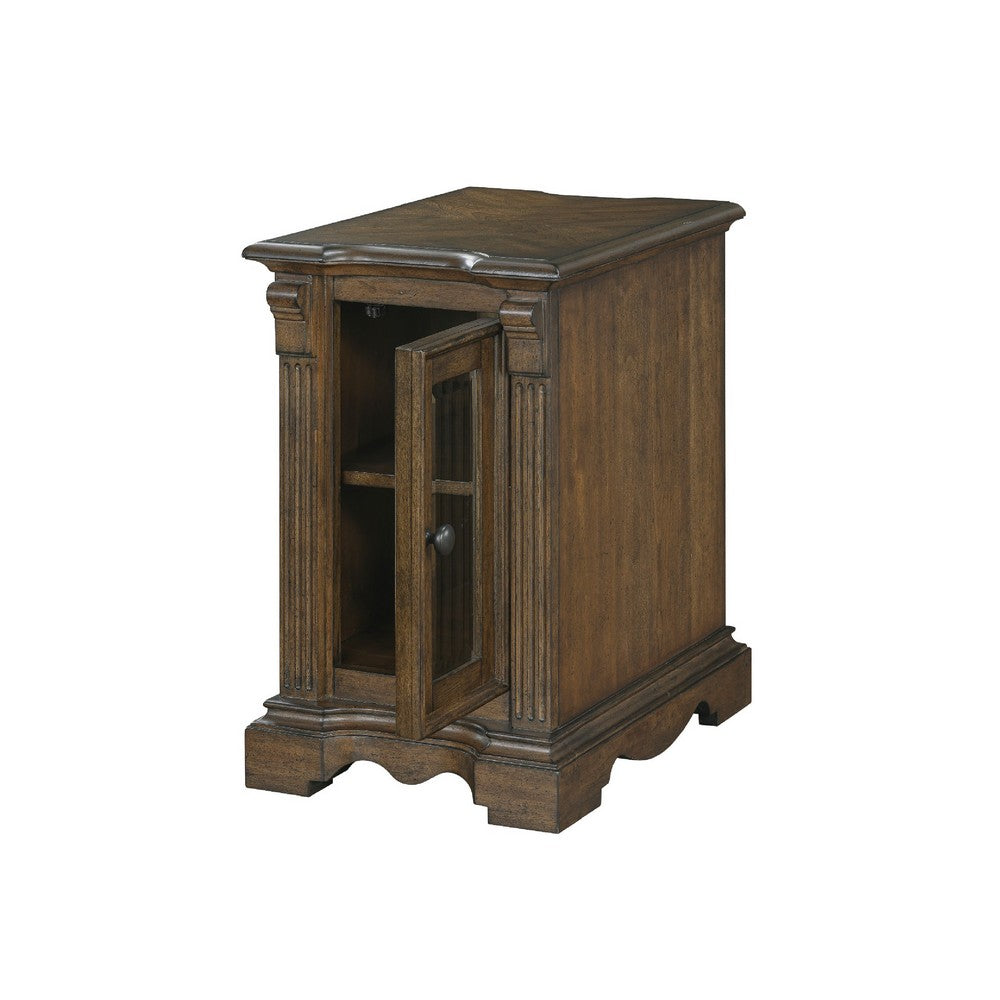 Rox Chairside End Table | 22" | 1 Glass Door w USB A & C Ports | Brown