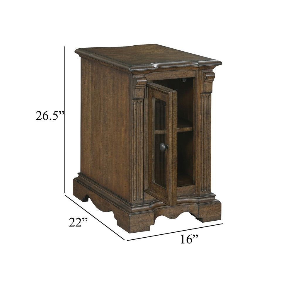Rox Chairside End Table | 22" | 1 Glass Door w USB A & C Ports | Brown