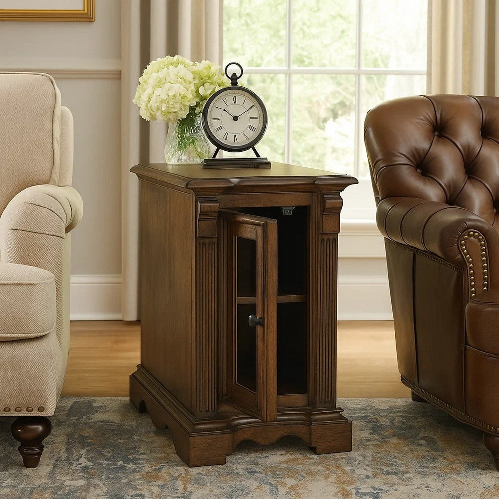 Buy Chairside End Table Glass Door USB Ports Brown Fast Shipping Buy Chairside End Table Glass Door USB Ports Brown Fast Shipping