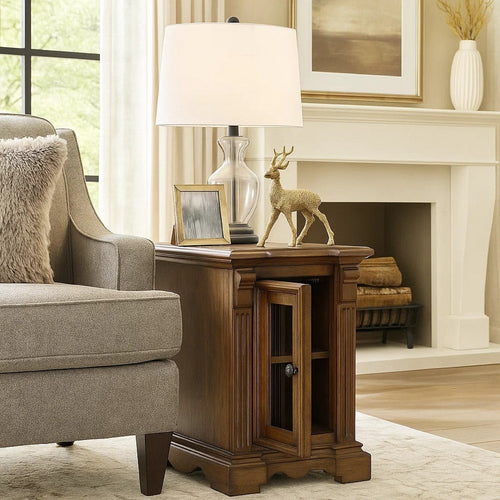Rox Chairside End Table | 22" | 1 Glass Door w USB A & C Ports | Brown