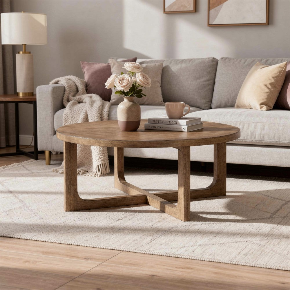 Bly Coffee Table | 42" Round Top | Open X-Base Design | Light Brown