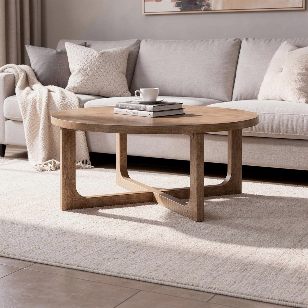 Bly Coffee Table | 42" Round Top | Open X-Base Design | Light Brown