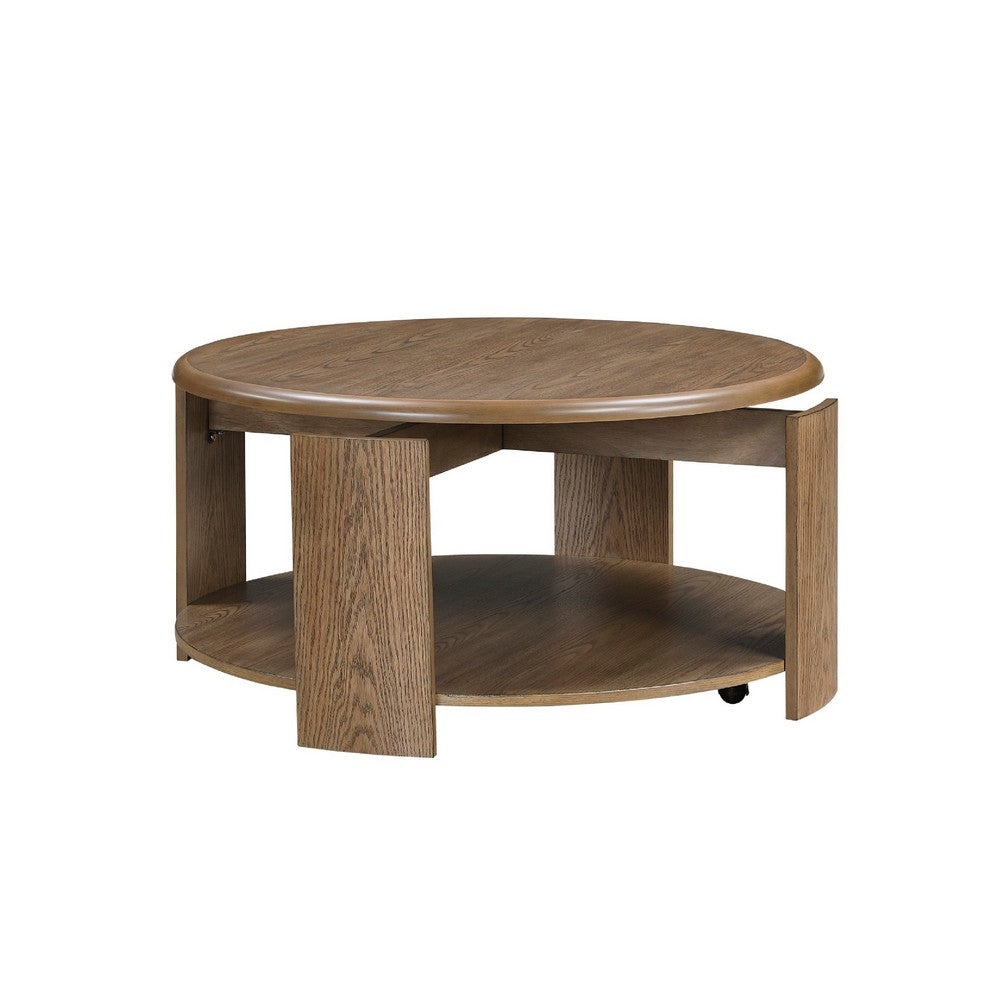 Eli Coffee Table | 40" Round Swivel Top | Lower Open Shelf | Brown
