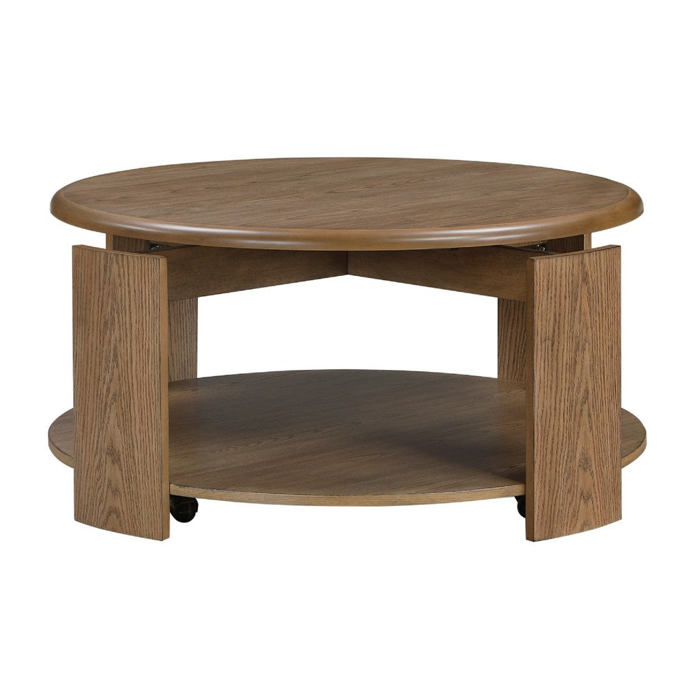 Eli Coffee Table | 40" Round Swivel Top | Lower Open Shelf | Brown