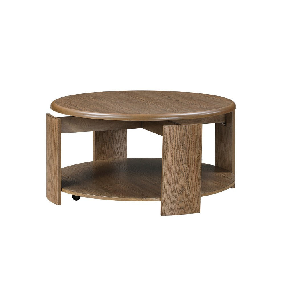 Eli Coffee Table | 40" Round Swivel Top | Lower Open Shelf | Brown