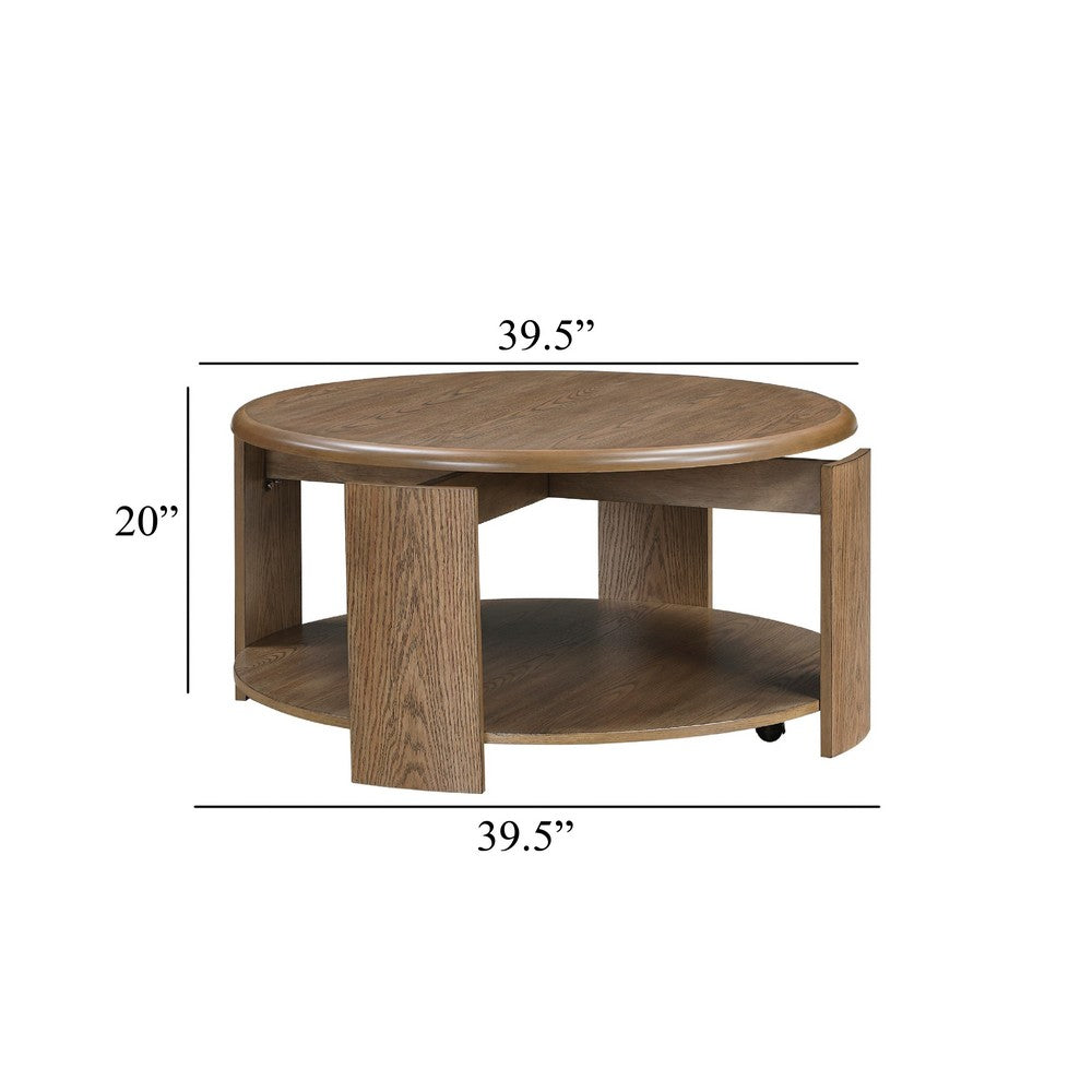 Eli Coffee Table | 40" Round Swivel Top | Lower Open Shelf | Brown