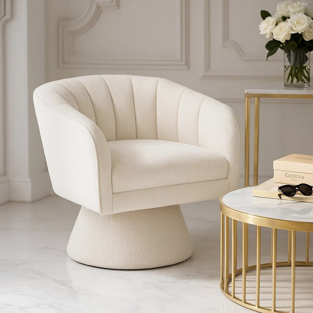 Shea Swivel Accent Chair | Beige Boucle Fabric | Channel Stitched