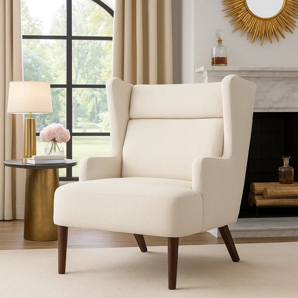 Joen Accent Chair | High Wing Backrest | Beige Chenille | Wood Legs