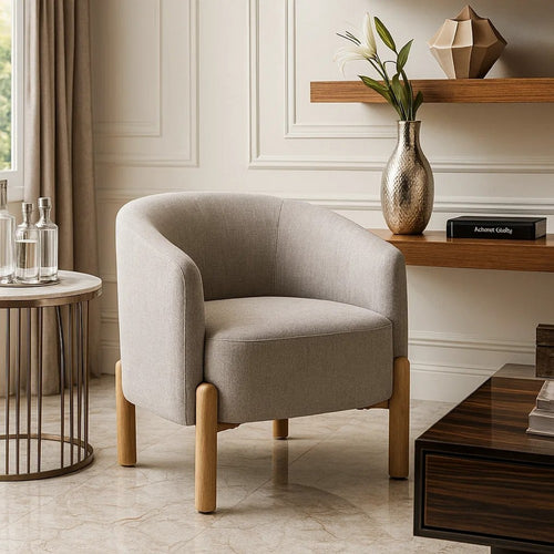 Diya Barrel Style Accent Chair | Taupe Gray Polyester | Brown Wood Legs