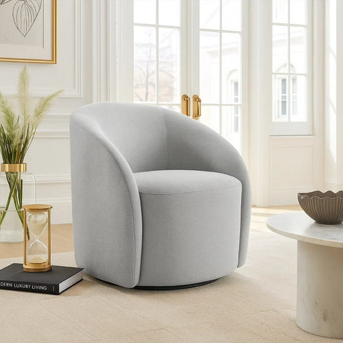 Saho Swivel Accent Chair | Barrel Style | Foam Padded | Light Gray Boucle