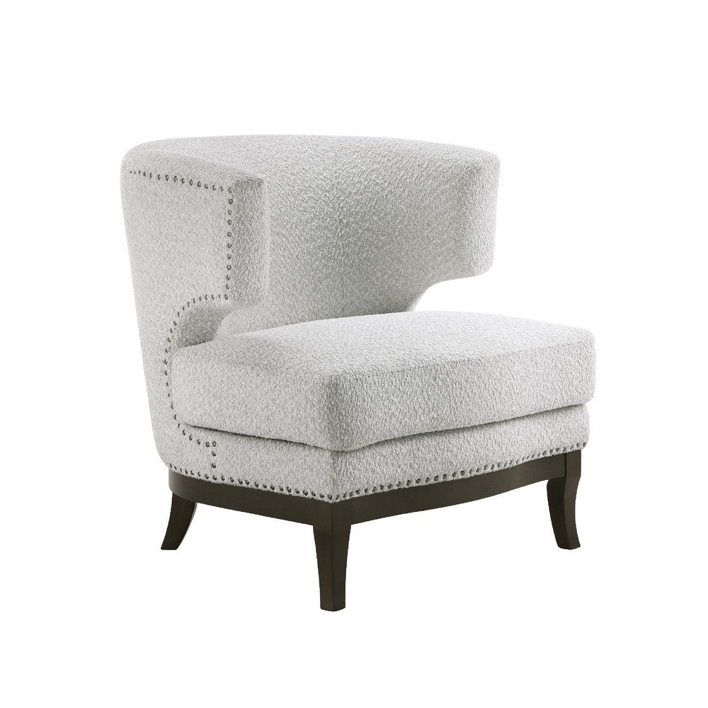 Elly Accent Chair | Barrel Back | Gray Boucle w Nailheads | Brown Wood