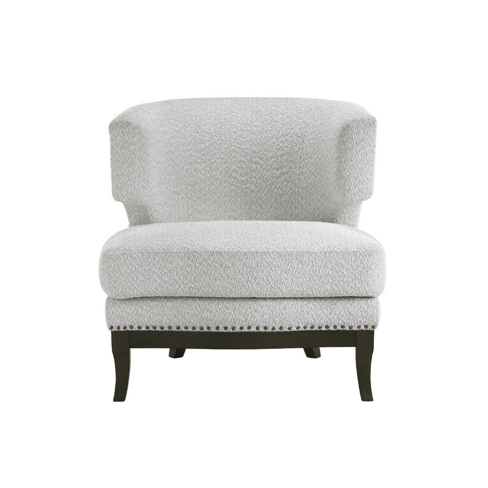 Elly Accent Chair | Barrel Back | Gray Boucle w Nailheads | Brown Wood