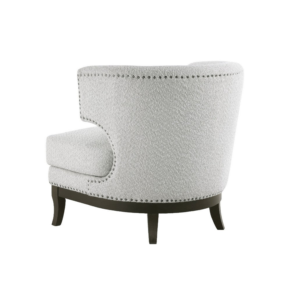 Elly Accent Chair | Barrel Back | Gray Boucle w Nailheads | Brown Wood