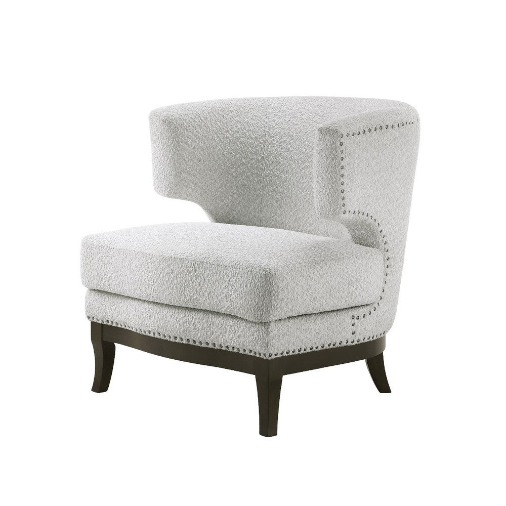 Elly Accent Chair | Barrel Back | Gray Boucle w Nailheads | Brown Wood