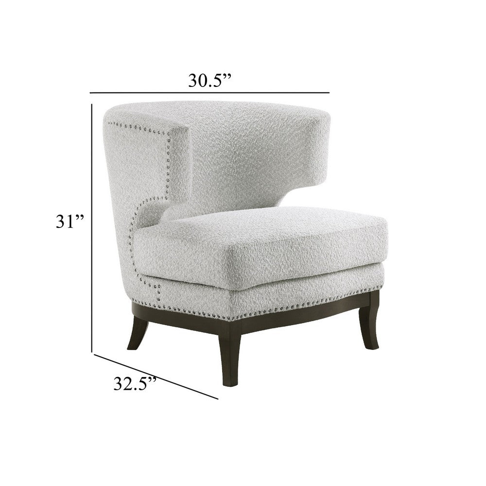 Elly Accent Chair | Barrel Back | Gray Boucle w Nailheads | Brown Wood