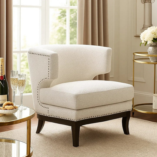 Elly Accent Chair | Barrel Back | Gray Boucle w Nailheads | Brown Wood