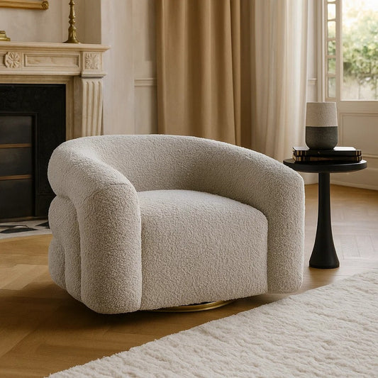 Dera Swivel Accent Chair | Sculpted Barrel Back | Foam Fill | Gray Boucle