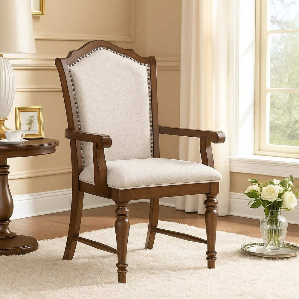 Feva Dining Armchair Set of 2 | Scallop Back | Gray Polyester | Cherry Brown