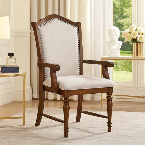 Feva Dining Armchair Set of 2 | Scallop Back | Gray Polyester | Cherry Brown