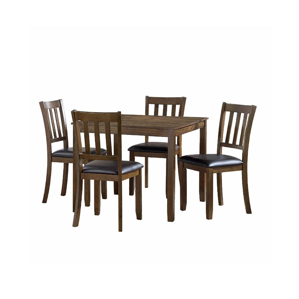 Nova 5pc Square Dining Table Set | 4 Slat Back Faux Leather Chairs | Brown
