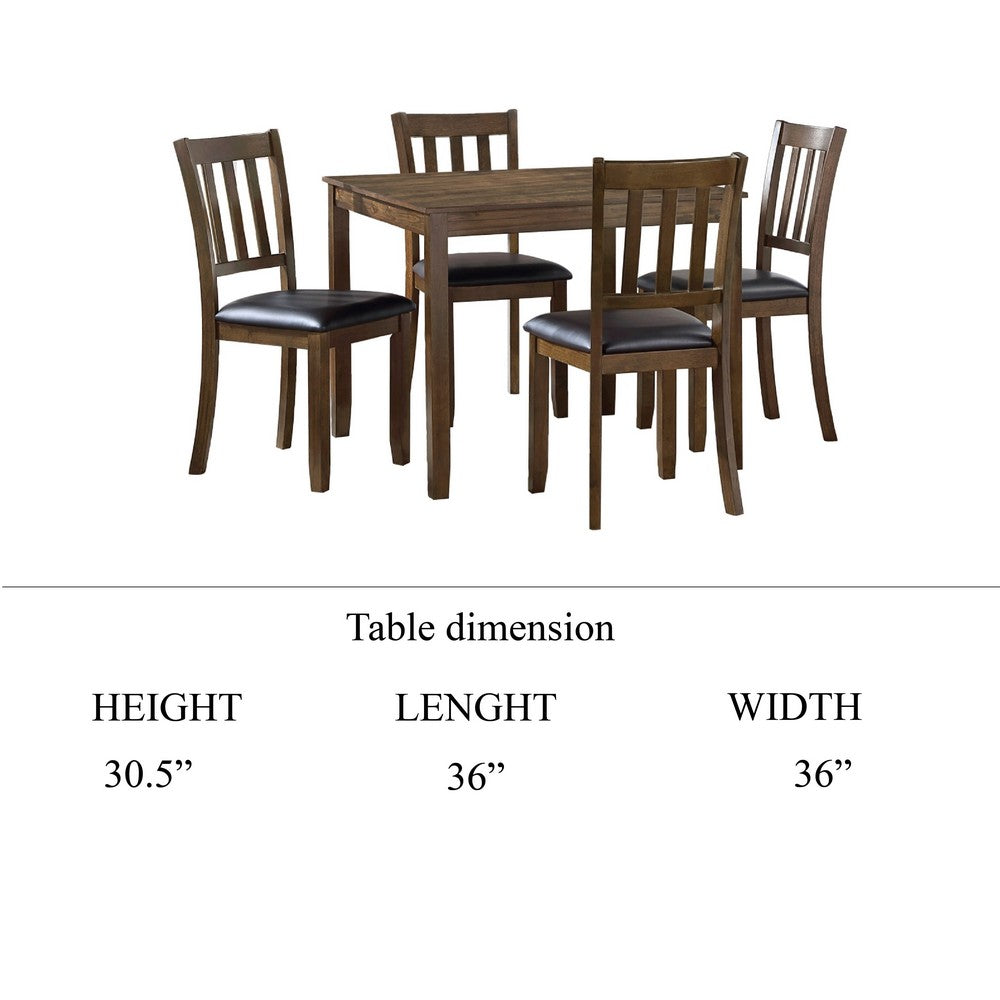 Nova 5pc Square Dining Table Set | 4 Slat Back Faux Leather Chairs | Brown