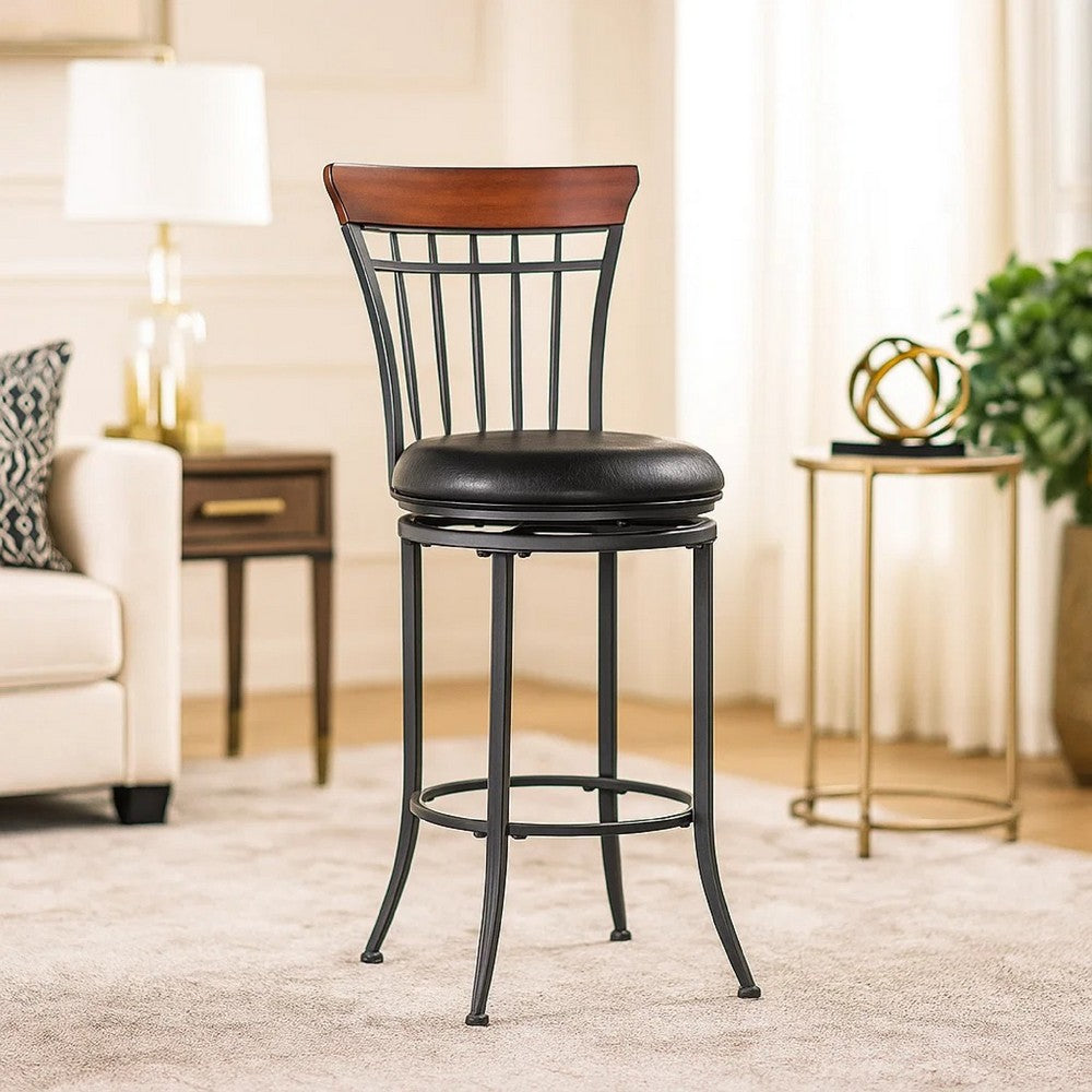 Nira Swivel Counter Chair | Brown Faux Leather | Wood Back | Black Metal