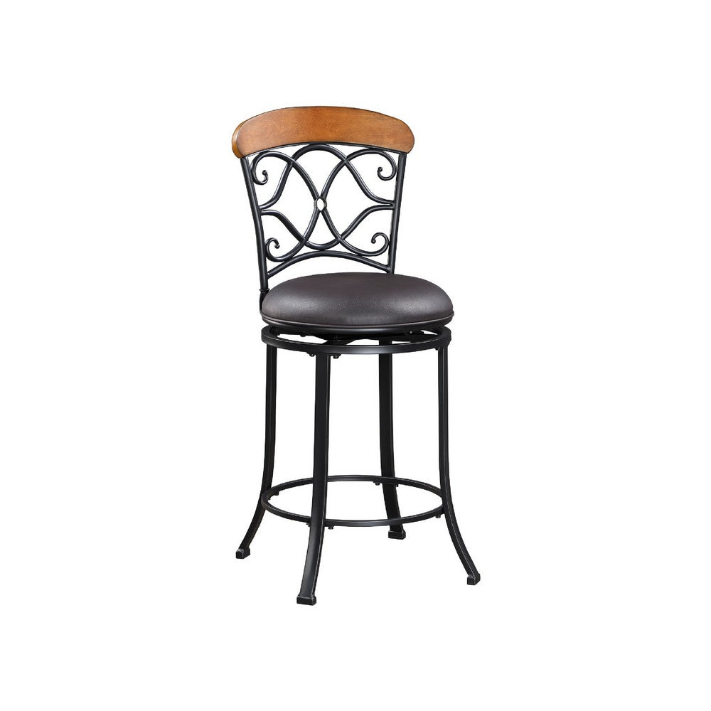 Soni Swivel Counter Chair | Scroll Back | Brown Faux Leather | Black Metal