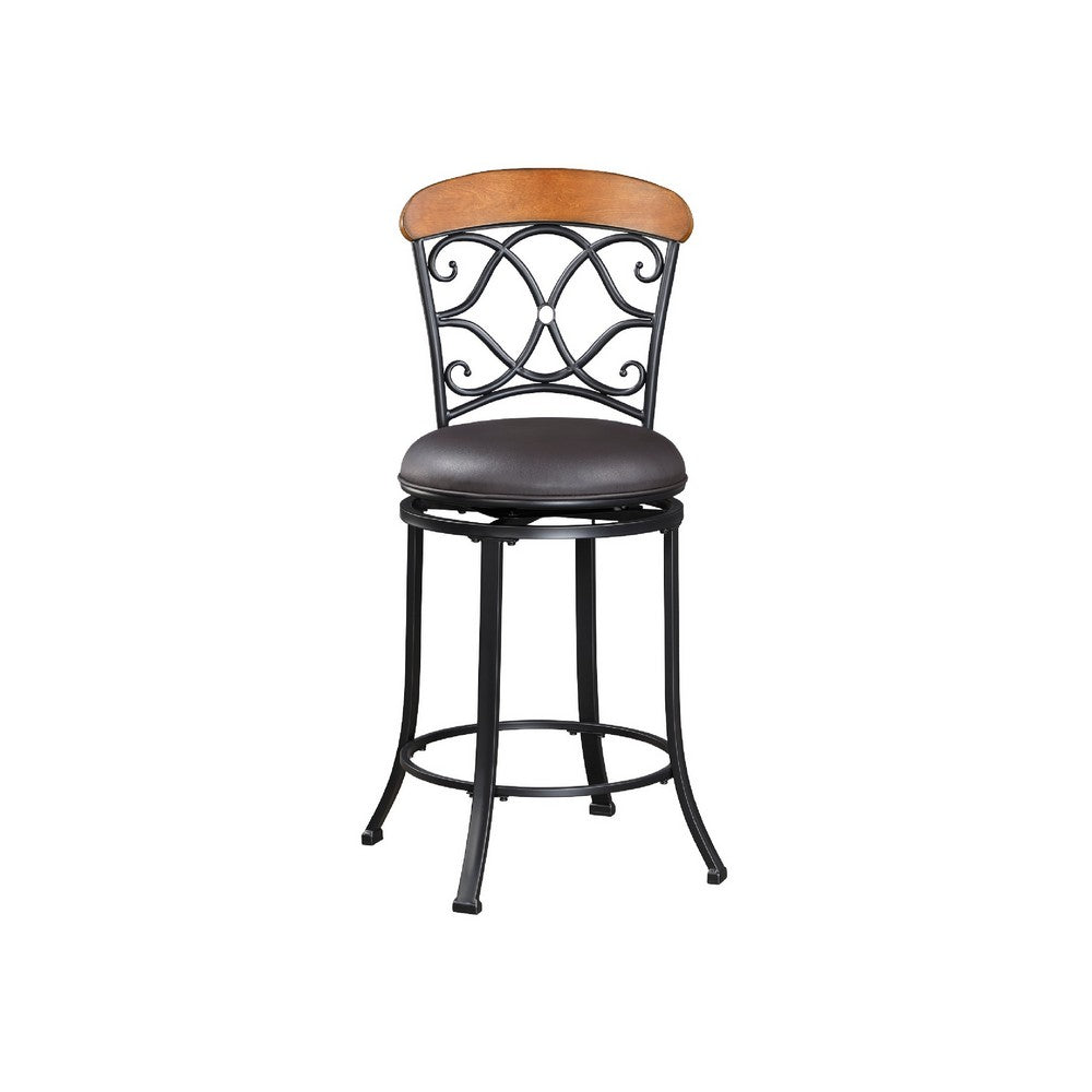 Soni Swivel Counter Chair | Scroll Back | Brown Faux Leather | Black Metal