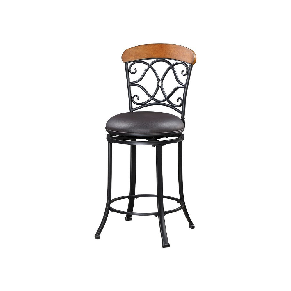 Soni Swivel Counter Chair | Scroll Back | Brown Faux Leather | Black Metal